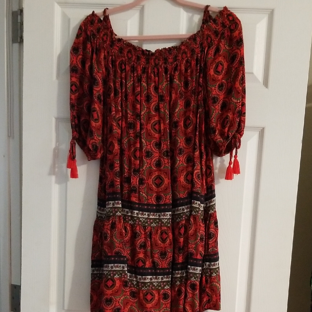 Jessica Allen Bohemian Red Patterned Off-Shoulder Dress